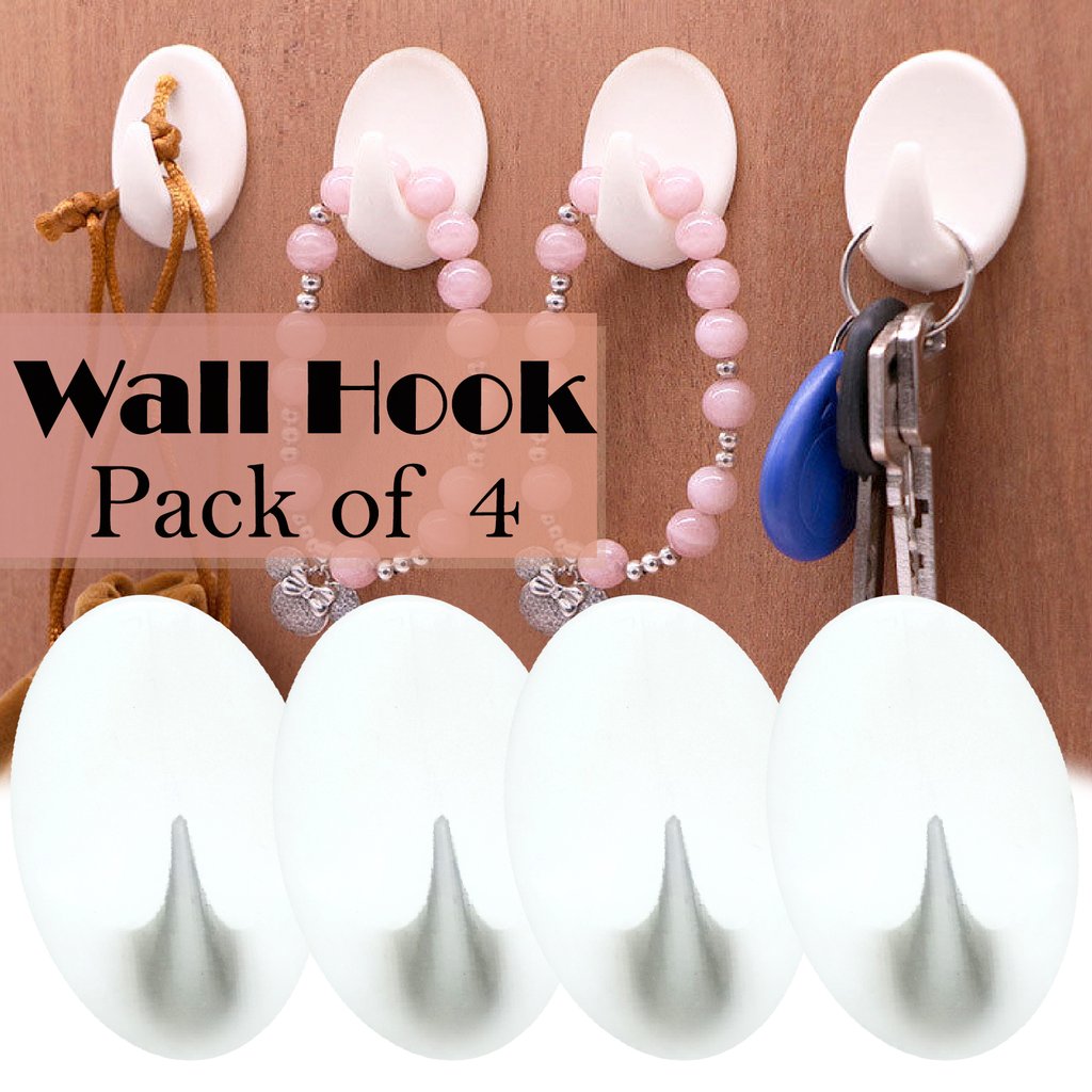 Self Adhesive Plastic Wall Hook Pack of 4 Wudore